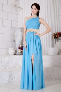 Aqua Blue One Shoulder Side Slit Prom Gowns Floor-length