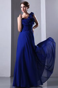Royal Blue One Shoulder Chiffon Prom Dress Flowers Accent