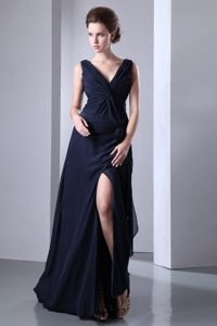 Navy Blue Empire V-neck Pleats Prom Dress Chiffon Style