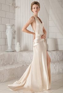 Champagne Sheath Halter Court Satin Prom / Party Dress