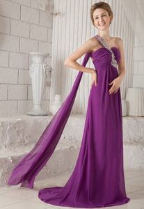 Purple One Shoulder Watteau Beading Prom Dress for Formal
