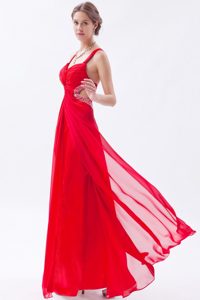 Red Empire Straps Prom Dress Ankle-length with Beaded Waist Cut