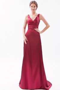 Red Column V-neck Brush Ruching Prom Dress for Customize