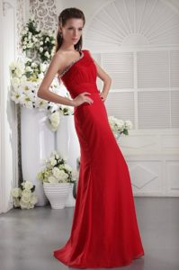 Red Column Beading One Shoulder Floor-length Dresses For Prom Court