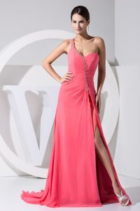 Beading Single Shoulder Cutout Back Prom Gowns with Slit on The Side