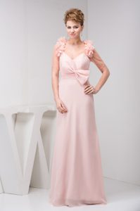 Column V-neck Floral Straps Baby Pink Prom Dress with Bowknot