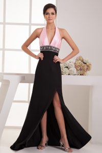 Halter Top Back Out for Pink and Black Prom Dress with Brush
