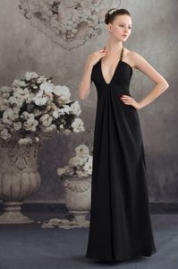 Beaded Halter Black Prom Graduation Dress with Plunging Neckline