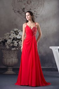 Column Sweep Red Straps Prom Dress with Beading Accent