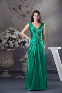 Teal V-neck Ruched Prom Dress with Beading Appliques for Party