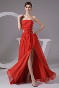 Rust Red High Slit Chiffon 2014 Prom Dress with Cutout Waist