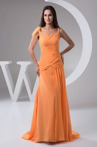 Orange Column Straps Prom Holiday Dress with Brush Train