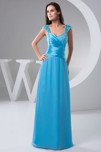 Beaded Straps Aqua Blue Floor-length Prom formal Dresses