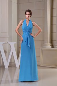 Halter Top Ankle-length Sky Blue Prom Gowns with Ruched Sash