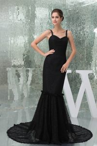 Mermaid Brush Train Sweetheart Straps Black Prom Formal Dress