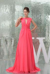 Bateau Keyhole Small Train Watermelon Prom Dress in Edmonton