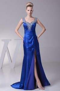 Beaded V-neck Royal Blue High Slit Brush Train Prom Dresses