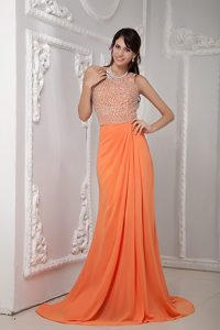 Column Beading One Shoulder Orange Prom Dress with Brush Train