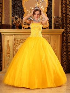 Bright Yellow Spaghetti Straps Floor-length Beading Quinceanera Gowns