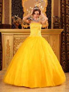 Bright Yellow Spaghetti Straps Floor-length Beading Quinceanera Gowns