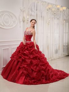 Spaghetti Straps Beading Wine Red Court Train Quinceanera Dress