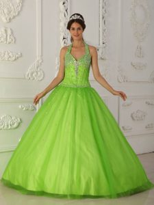 Beading Halter Spring Green Layered Tulle Quinceanera Dresses