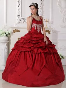 Scoop Wine Red Taffeta Beading Quinceanera Dress with Pick-ups