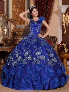 V-neck Blue Appliques Beading Satin Sweet Quinceanera Dress