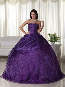 Purple Handle Flowers Beading Strapless Tulle Quinceanera Dress