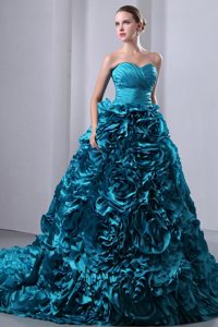 Ruched Teal Hand Made Flowers Brush Train Dresses for Quinceanea