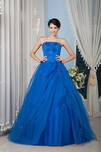 Royal Blue Tulle Beading Strapless Dresses For Quinceaneras
