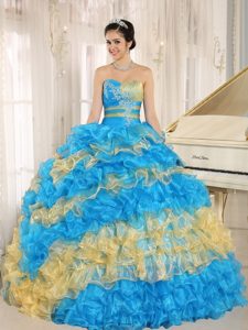 Colorful Blue and Yellow Ruffles Beading Quinceanera Dresses