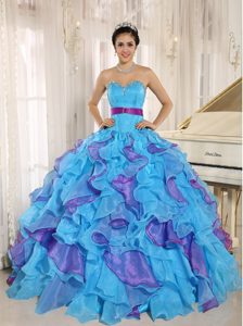 Ruffled Aqua Blue and Purple Appliques Belt Quinceanera Dresses