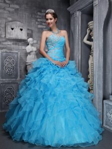 Ruffles Beading Appliques Aqua Blue Organza Quinceanera Dresses