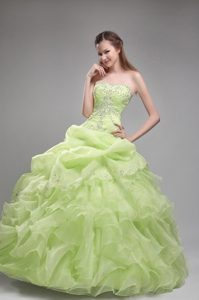 Ruffled Organza Spring Green Beading Dresses For a Quinceanera