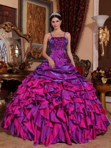 Spaghetti Straps Purple and Fuchsia Embroidery Quinceanera Dress