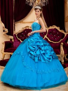 Lace Flowers Beading Pick-ups Teal Appliques Quinceanera Dresses