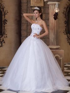 Embroidery Strapless White Beading Sweet 15 Quinceanera Dresses