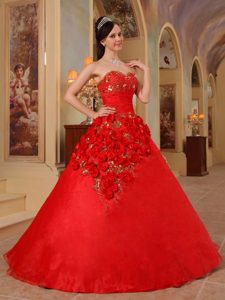 Beading Flowers Sweetheart Red Quinceanera Dresses for Sweet 16