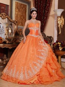 Ruffles Organza Orange Red Appliques Ruching Quinceanera Dress