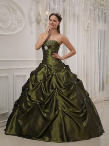 Olive Green Beading Strapless Quinceanera Dresses with Pick-ups