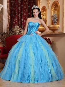 Ruched Beading Tulle Aqua Blue Sweetheart Quinceanera Dresses