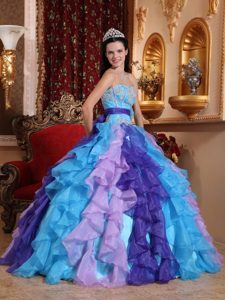 Multi-colored Ruffles Beading Appliques Sashed Quinceanera Dress