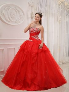 Bright Red Appliques Layered Tulle Ruching Quinceanera Dresses