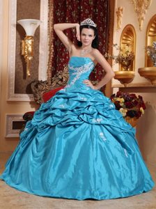 Appliques Aqua Blue Taffeta Pick-ups Quinceanera Dresses Gowns