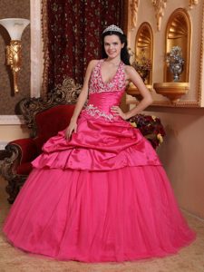 Halter Hot Pink Appliques Beading Quinceanera Dress with Pick-ups