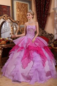 Ruched Hot Pink and Lavender Layered Beading Quinceanera Dresses
