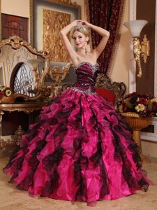 Beaded Sweetheart Black and Red Ruffles Organza Quinceanera Dress