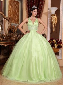 V-neck Beading Yellow Green Criss Crossed Back Quinceanera Dress