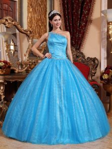 One Shoulder Teal Beading Layers Sweet 15 Quinceanera Dresses